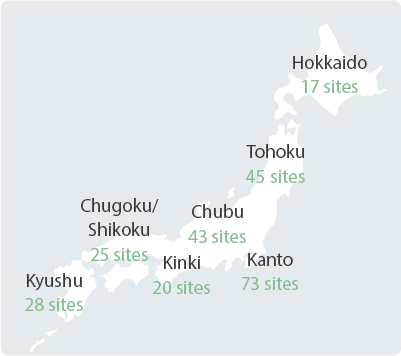 Hokkaido 17sites, Tohoku 45sites, Chubu 43sites, Kinki 20sites, Kanto 73sites, Chugoku/Chubu 25sites, Kyushu 28sites
